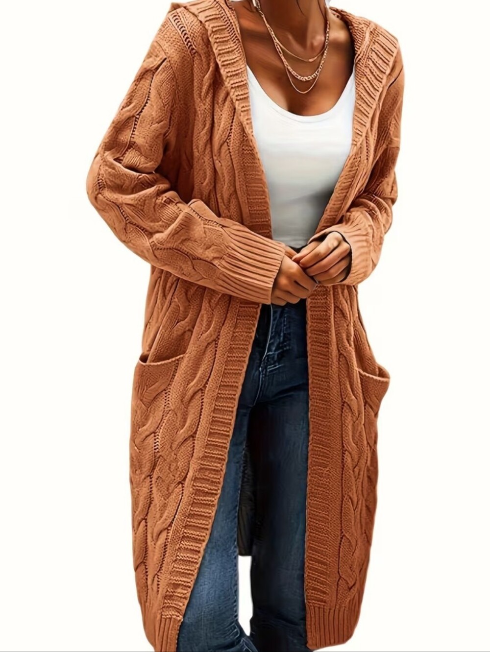 Burnt Orange Cozy Cable Knit Open-Front Purple Cardigan Sweater